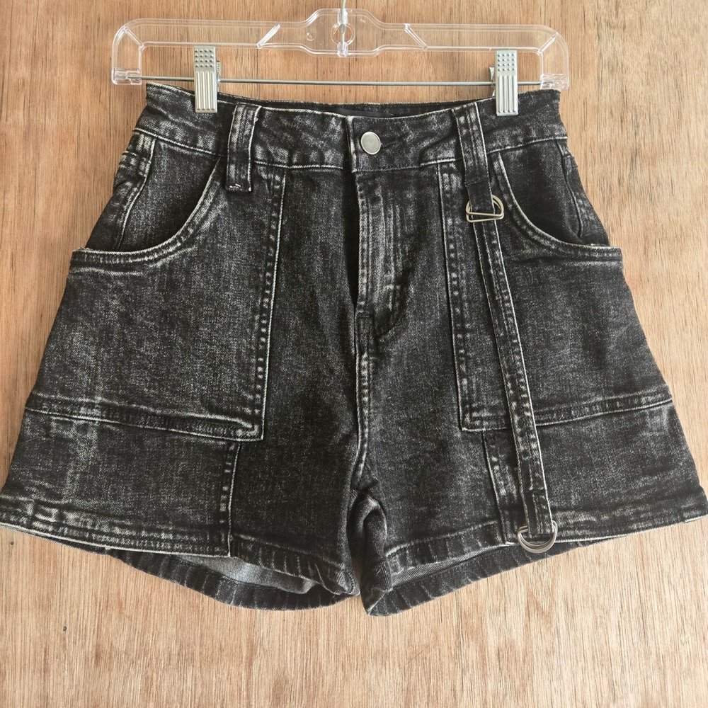 Black Acid Wash Cargo Denim Shorts D-Ring Size 3 Streetwear Emo Punk Y2K Baddie